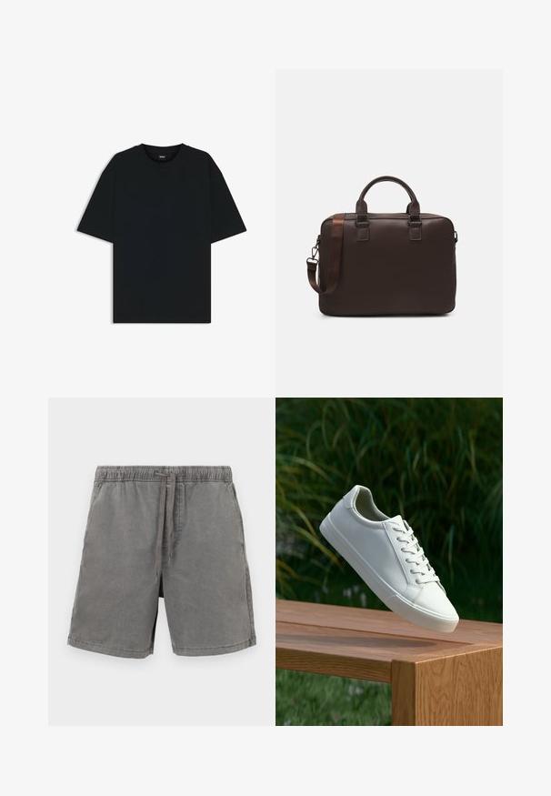 Zwarte katoenen T-shirt met een ronde hals en korte mouwen. Heeft een losse pasvorm en een eenvoudig ontwerp zonder patronen of accenten.; Grijze katoenen shorts met een elastische tailleband met een koord, rechte snit en enkele zijzakken. Soepele textuur en casual ontwerp.; Witte vetersneaker die boven een houten bank zweeft met groene bladeren op de achtergrond, waarbij het ontwerp en de textuur van de schoen worden getoond.; Bruine leren laptoptas met een gevarieerde textuur, dubbele handvaten aan de bovenkant, verstelbare schouderriem en twee voorste gespen voor extra detail.
