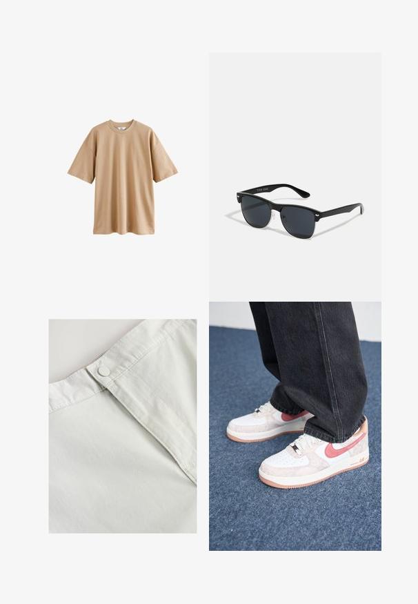 Rövid ujjú bézs póló, pamutból készült, kerek nyakkal és laza szabással. Simább textúrával rendelkezik, minta vagy díszítés nélkül.; Fehér pamut anyag, deréknál gombos záródással, finom textúrával és varrott díszítéssel az illesztéseknél.; Fehér és rózsaszín Nike Air Force 1 tornacipők, texturált anyaggal, kerek orral, fűzős dizájnnal és kontrasztos gumitalppal.; Fekete napszemüveg, téglalap alakú, sötét lencsékkel, ezüst részletekkel a szárakon, és matt felülettel a kereten.