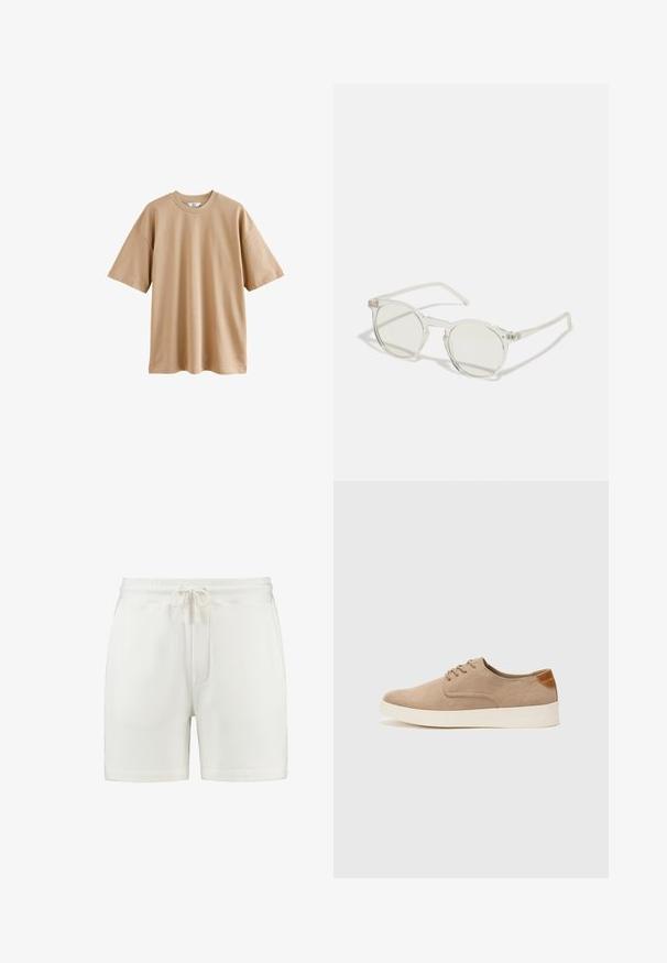 Šviesiai ruda trumpomis rankovėmis paminkštinta medvilninė marškinėliai su apvaliu kaklu ir laisvu kirpimu, pasižymintys lygiu paviršiumi ir be raštų ar akcentų.; Balti medvilniniai šortai su elastinga juosta, reguliuojamu raišteliu ir šoninėmis kišenėmis. Lygus paviršius, iki vidurio šlaunies ilgio.; Bežiniai zomšiniai sportbačiai su apvaliomis pirštų dalimis, raišteliais priekyje ir tekstūruotu užkulniu. Balta guma suteikia kontrastą. Paprastas ir modernus dizainas.; Apvalūs akiniai nuo saulės su skaidriu rėmu, šviesiai žaliais lęšiais ir plonomis skaidriomis kojelėmis. Rėmas turi subtilius metalinius akcentus.