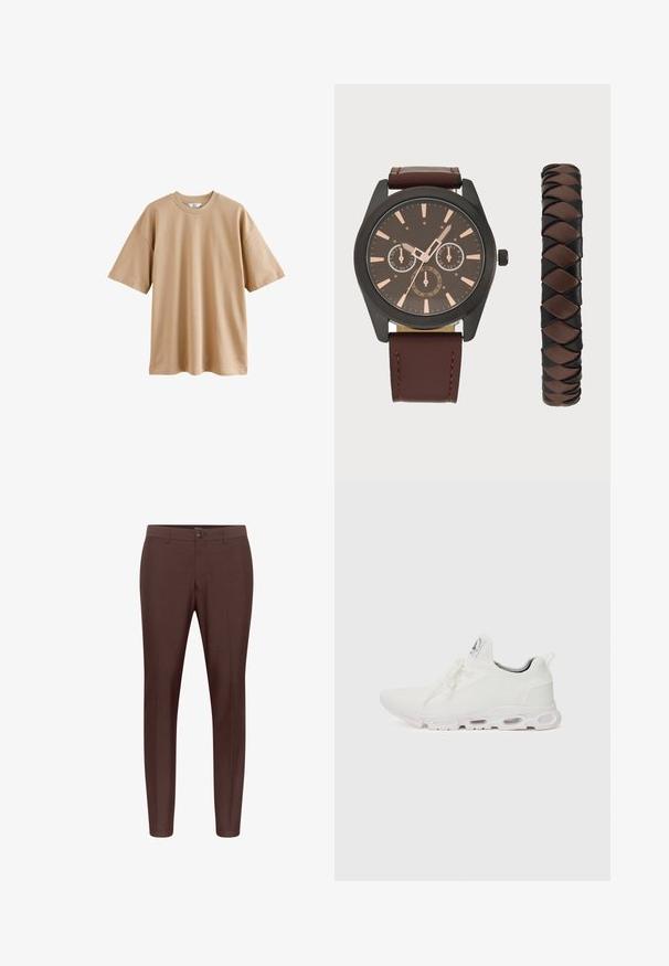 Lühikeste varrukatega beež puuvillane T-särk ümarate kaelustega ja lõdva lõikega, millel on sile tekstuur ning ei mingeid mustreid või aktsente.; Pruunid kohandatud püksid, millel on lame esiosa, vöökaared ja üks nööpiga lukustus. Valmistatud siledast kangast, sirge jala disainiga.; Valged sportijalatsid, millel on tekstuuriga kudum peal, lame paelad ja pehmendatud tallad nähtavate õhukambritega täiendava toe jaoks.; Pier One SET - Käekell - black/brown