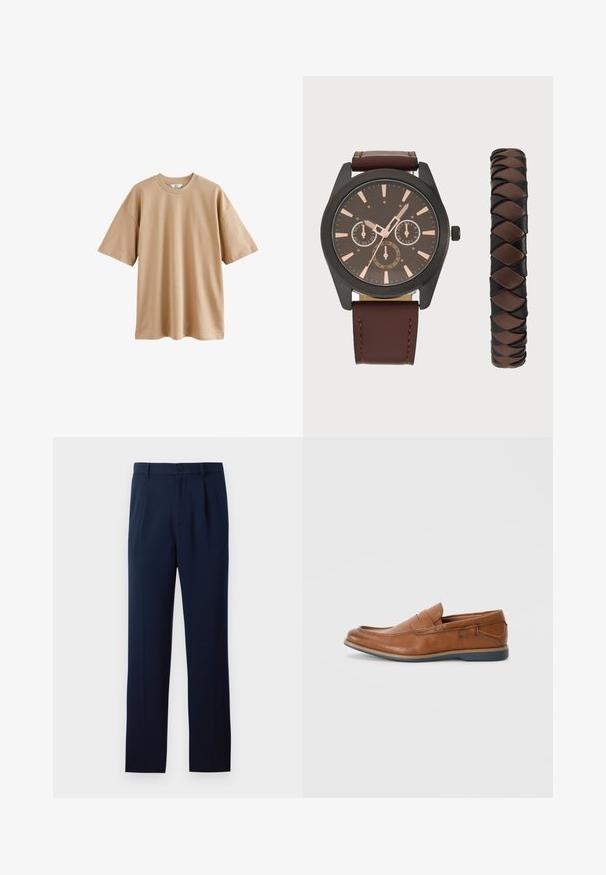 Kreklus piedurkņu bēšs T-krekls, izgatavots no kokvilnas, ar apaļu kakla izgriezumu un brīvu piegriezumu, ar gludu tekstūru un bez rakstiem vai akcentiem.; Jūras zila bikses, kas izgatavotas no gludas auduma, ar vienu pogu aizdari, bārkstīm un taisnajām kājām. Minimalistisks dizains bez izteiktām rakstu. ; Brūnas ādas loafers ar apaļu purngalu, ar šuvēm un zemu gumijas zoli. Dizainā ir josla pāri augšējai daļai.; Pier One SET - Pulkstenis - black/brown; Piecu aproču komplekts, kas sastāv no brūnas ādas, koka pērlītēm un sudraba ķēdes; dažādas tekstūras un formas, ar regulējamiem aizdariem.
