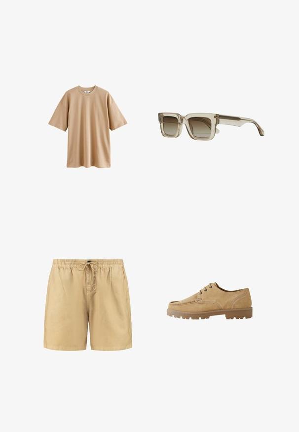 Kortärmad beige t-shirt i bomull med rund hals och avslappnad passform, med en slät yta utan mönster eller detaljer.; Beiga shorts med resårmidja och dragsko. Tillverkade av lättviktig tyg med en mjuk yta. Enkelt design, utan mönster.; Tan mockasinsko med snörning, rund tå, kontrasterande stygn och en tjock gummi sula med mönster för bra grepp.; Fyrkantiga solglasögon med en klarbeige ram och gradientbruna linser. Stänkarna är eleganta med en subtil designdetalj.