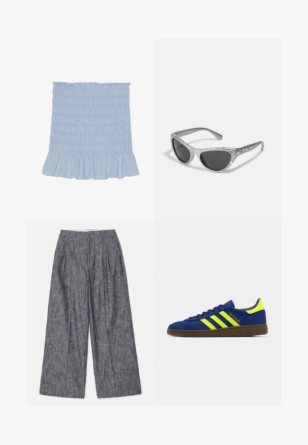 Fusta smockată de un albastru deschis, cu tiv ondulat, cu o cusătură texturată pe întreaga suprafață și un material moale dintr-un amestec de bumbac.; Filippa K DARCEY TEXTURED TROUSERS - Pantaloni - navy/white; Adidași din suede albastru cu accente galbene și trei dungi; au o talpă din cauciuc maro și un logo brodat pe lateral.; Ochelari de soare cu rame de tip cat-eye argintii, cu lentile întunecate, împodobiți cu accente de cristale clare de-a lungul ramei. Finisaj mat cu un design curbat al templelor.