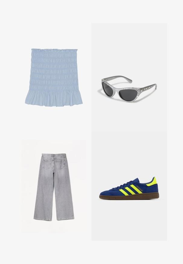 Fusta smockată de un albastru deschis, cu tiv ondulat, cu o cusătură texturată pe întreaga suprafață și un material moale dintr-un amestec de bumbac.; Bershka WIDE-LEG - Wide leg - grey; Adidași din suede albastru cu accente galbene și trei dungi; au o talpă din cauciuc maro și un logo brodat pe lateral.; Ochelari de soare cu rame de tip cat-eye argintii, cu lentile întunecate, împodobiți cu accente de cristale clare de-a lungul ramei. Finisaj mat cu un design curbat al templelor.