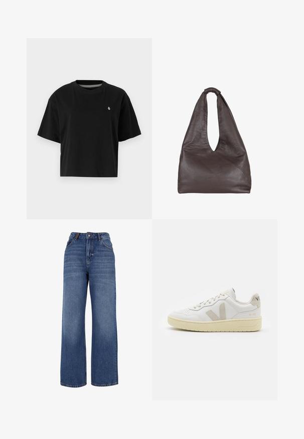 Black cropped t-shirt made of cotton, featuring short sleeves, a round neckline, and a small white logo on the left chest.; Wide-leg denim jeans made from medium-weight blue cotton fabric. Features classic five-pocket design and a zip fly with button closure.; White leather sneaker with beige suede accents, perforated toe box, flat laces, and a textured cream sole. Features subtle branding on heel.; Brown leather bag with a slouchy, oversized design. Features a loop handle and a deep V-cut opening for easy access. Soft texture, minimalist style.