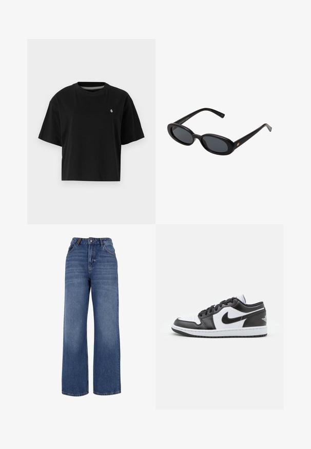 Black cropped t-shirt made of cotton, featuring short sleeves, a round neckline, and a small white logo on the left chest.; Wide-leg denim jeans made from medium-weight blue cotton fabric. Features classic five-pocket design and a zip fly with button closure.; Black and white Nike low-top sneakers feature a smooth leather upper, round toe, lace-up closure, and a patterned rubber outsole.; Black oversized sunglasses with oval lenses, smooth plastic frame, and gold accents on temple. Dark lenses provide sun protection.