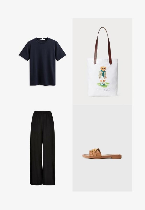 T-shirt à manches courtes bleu marine en coton doux, doté d'un col rond classique et d'une coupe décontractée, sans aucune marque ni motif visible.; Pantalons larges noirs en tissu lisse. Dotés d'une taille élastique et d'une coupe ample et fluide pour le confort et la liberté de mouvement.; Sandale en cuir marron avec une large lanière, accents en métal doré, semelle plate et design minimaliste. Convient pour une tenue décontractée.; Sac en toile avec un ours en dessin animé portant une écharpe verte et un blazer, avec des sangles d'épaule en cuir marron. Fond blanc, design imprimé.