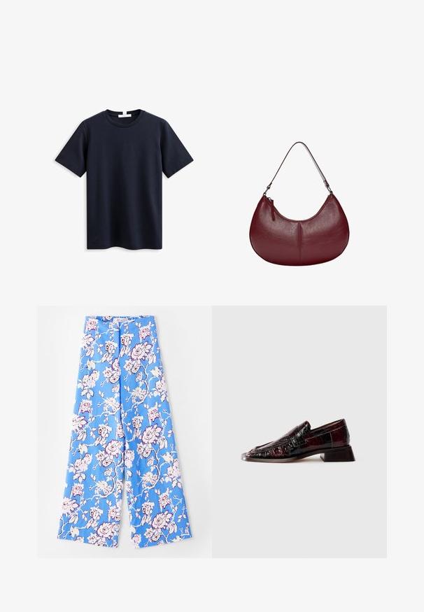 Kaos lengan pendek biru navy yang terbuat dari katun lembut, menampilkan leher bulat klasik dan potongan longgar, tanpa merek atau pola yang terlihat.; Siniset kukkapantsut, joissa on vaaleanpunaisia ruusuja. Kangas on sileä, rento istuvuus, leveät lahkeet ja elastinen vyötärö.; Tumman viininpunainen patentoitu nahkaloaferi, jossa on teksturoitu pinta, matala lohkare-Korko ja klassinen pennin nauhakuva, kuvattuna sivulta.; Burgundin värinen nahkalaukku, jossa on kaareva muoto. Varustettu yhdellä olkahihnalla ja ylhäältä avautuvalla vetoketjulla, esitellen sileää, tekstuurista pintaa.