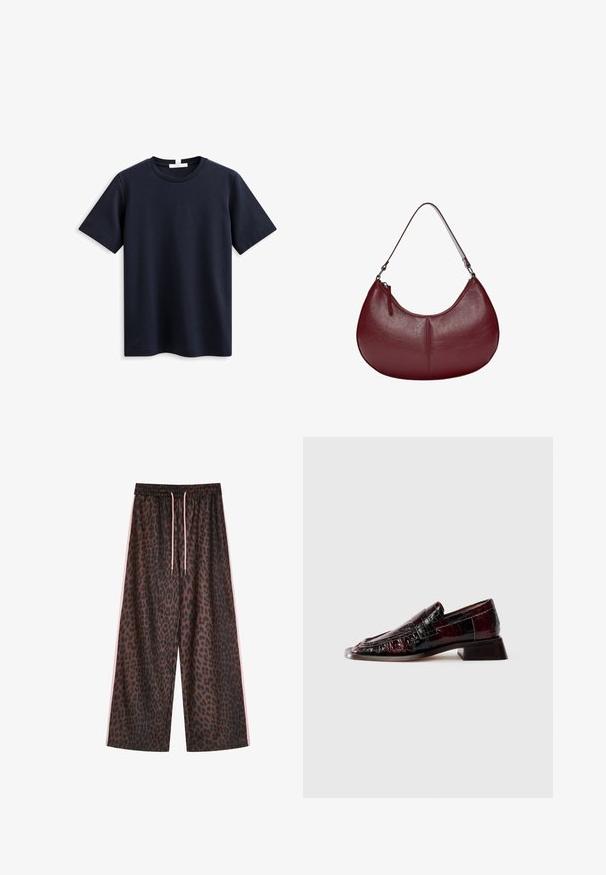 Marineblaue kurzärmelige T-Shirt aus weicher Baumwolle, mit klassischem Rundhalsausschnitt und entspanntem Schnitt, ohne sichtbare Marken oder Muster.; Leopardenmuster weite Hose in Braun und Schwarz, mit einem elastischen Taillenbund und rosa Kordelzügen sowie seitlichen rosa Streifen. Glatte Stofftextur.; Dunkelburgunderfarbene Lackleder-Loafer mit strukturiertem Finish, niedrigem Blockabsatz und klassischem Penny-Riemen-Dekor, seitlich dargestellt.; Weinrote Lederhandtasche mit einer geschwungenen Form. Verfügt über einen einzelnen Schulterriemen und einen oberen Reißverschluss, der eine glatte, strukturierte Oberfläche präsentiert.
