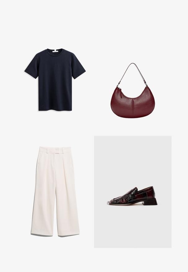 Navy blue short-sleeve t-shirt made of soft cotton, featuring a classic crew neck and a relaxed fit, with no visible branding or patterns.; Wide-leg trousers in a light cream color, made of smooth fabric with two front pockets and visible stitching on the waistband.; Dark burgundy patent leather loafer with textured finish, low block heel, and classic penny strap detailing, shown from the side.; Burgundy leather handbag with a curved shape. Features a single shoulder strap and a top zipper, showcasing a smooth, textured surface.