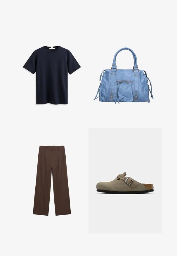 Navyblauw T-shirt met korte mouwen van zachte katoen, met een klassieke ronde hals en een comfortabele pasvorm, zonder zichtbare merk- of patroon. ; Bruine wijde broek gemaakt van een gladde stof, met een hoge taille, voorplooien en twee zijzakken.; Suède klompen in licht olijfgroen met een gevormde kurk- en rubberen zool. Voorzien van een zijriem met een metalen gesp en een ronde neus.; Blauwe neplederen handtas met dubbele handvatten aan de bovenkant, decoratieve franjes, een voorzak met rits en accenten van messing. Gelaagde afwerking.; Gouden ketting met een blauwe stenen hanger, met een gladde textuur, hoekige vorm en decoratieve gouden accenten.