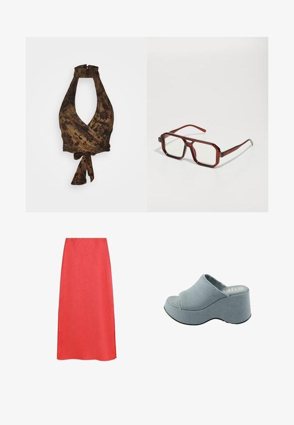 Brun halterneck-top med djup V-ringning och omslagdesign, prydd med blommönster och strukturerad tyg; knyts vid midjan.; Röd midikjol med en mjuk textur, som har en lätt lyster och en A-linjeformad silhuett. Inga synliga mönster eller hårdvarudetaljer.; Ljusblå plattformssandal med fransat tygövre, öppen tå-design, tjock rund sula och texturerad grå yttersula.; Bruna transparenta överdimensionerade glasögon med rektangulära linser och smala armar. Vinklade, något rundade hörn och synliga hårdvaruackenter.