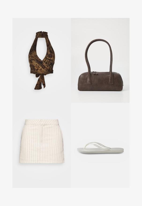 Barna pántos top mély V-nyakkal és kötött dizájnnal, virágmintákkal és texturált anyaggal; deréknál megkötős.; Krém színű szoknya vékony piros függőleges csíkokkal, testhez álló megjelenéssel és egyenes szegéllyel. Könnyű anyagból készült.; Fehér flip-flop, textúrált talppal, vékony pántokkal és lapos kialakítással. Gumi anyagból készült, finom logóval a talprészén.; Barna bőrtáska, két masszív fogantyúval, téglalap alakú, sima felülettel és cipzáras záródással. Minimalista dizájn, látható minták nélkül.