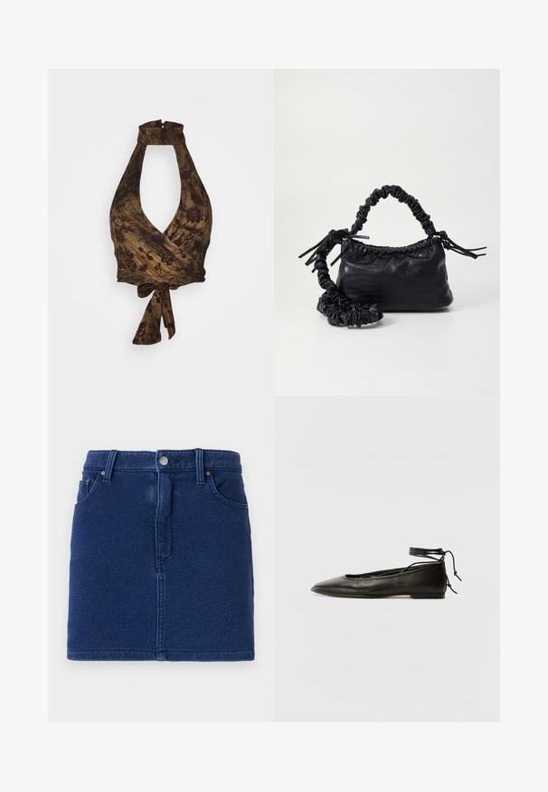 Barna pántos top mély V-nyakkal és kötött dizájnnal, virágmintákkal és texturált anyaggal; deréknál megkötős.; Sötétkék farmer szoknya testhezálló fazonnal, elöl gombos záródással és két oldalsó zsebbel. Látható varrásokkal és egyenes szegéllyel rendelkezik.; Fekete bőr balettcipők hegyes orral, bokakötővel és lapos talppal, sima textúrával és minimalista dizájnnal.; Fekete műbőr kézi táska krokodil bőr textúrával, összehúzható tetejű és gyűrt pánttal. Lágy és kompakt dizájnúnak tűnik.