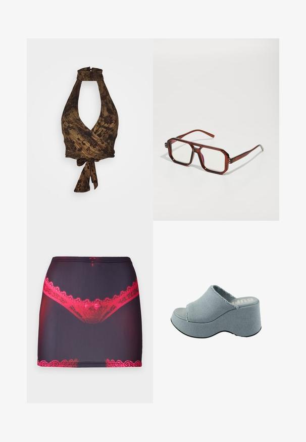 Barna pántos top mély V-nyakkal és kötött dizájnnal, virágmintákkal és texturált anyaggal; deréknál megkötős.; Fekete szövet mini szoknya, a felső szélen és a szegésnél piros csipke díszítéssel, elöl piros csipke alsónemű grafikai nyomattal.; Világoskék platform csúszó szandál, rongyos anyag felsőrésszel, nyitott orr designnal, vastag, lekerekített talppal és texturált szürke talppal.; Barna, áttetsző, oversize szemüveg, téglalap alakú lencsékkel és karcsú szárakkal. Szögletes, enyhén kerekített sarkok, látható fém akcentusok.