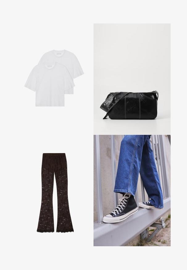 Hvide bomulds t-shirts, rund hals, kortærmede, let loose fit, glat tekstur, to-pak, minimalistisk design.; Brune blondebukser med udsvungne ben og blomstermønster, der har en tekstureret overflade og frynser i kanten. Elastisk talje.; Sorte høj-top sneakers med hvid sål og snørebånd, parret med løse blå denimjeans, hvilende på et gråt gelænder.; Sort læder skuldertaske med lynlås, der har en tekstureret overflade, hvid syning og en rem med sølvøskner.