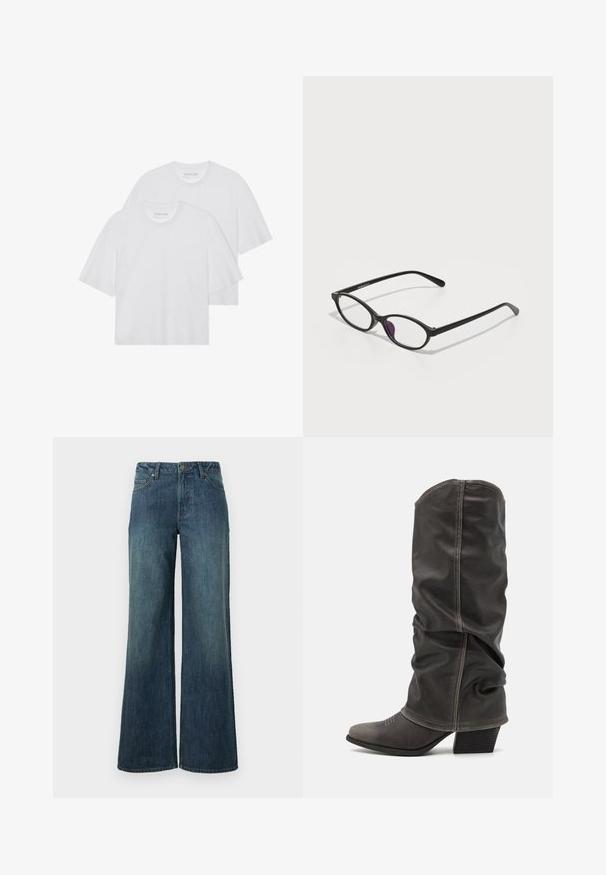 Baltas kokvilnas T-krekli, ar apaļu kakla izgriezumu, īsām piedurknēm, nedaudz brīvs piegriezums, gluda tekstūra, divu iepakojums, minimālists dizains.; Platas kājiņas džinsi tumši zilā denima ar izbalējušu mazgāšanu. Iekļauj piecas kabatas, jostas cilpas un rāvējslēdzēju ar pogas aizdari.; Pelēki ādas zābaki līdz potītēm ar brīvu dizainu, smailo pirkstu un salikto papēdi. Ievērojama šuvju detaļa uz pirksta zonas.; Melnas plastmasas briļļu ietvaras ar ovālveida formu, kam ir caurspīdīgi lēcas un viens purpursarkans akcenti uz kreisās lēcas. Moderns, minimālistisks dizains.; Čūsku raksta soma ar izliekto rokturi. Izgatavota no teksturētiem, bēšiem un brūniem materiāliem, ar izteiksmīgu dimanta rakstu.