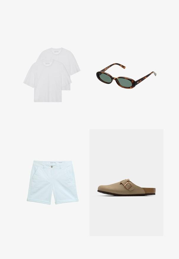 Valged puuvillased T-särgid, ümmargune kaelus, lühikesed varrukad, veidi avaram sobivus, sile tekstuur, kahepakki, minimalistlik disain.; Heled sinine chino lühikesed püksid rullitud äärega, millel on kaks külgtaskut ja esine nööpkinne. Valmistatud hingavast materjalist.; Beeži puhtad kingad ümarate varvastega, reguleeritava nahkrihma aktsendiga ja korgist jalanõu sisetallaga. Tekstuuriga pind musta kummitaldaga haardeks.; Kilpkonna kilbi disainiga tumedad prillid ovaalsete raamidega ja roheliste objektiividega. Omab õhukesi käsi, millel on metallist aktsent hingedest lähedal.; Pruun kott, mis on valmistatud siledast materjalist, millel on suur eesmine tasku, kaks kätet ja lihtsustatud, struktureeritud disain.