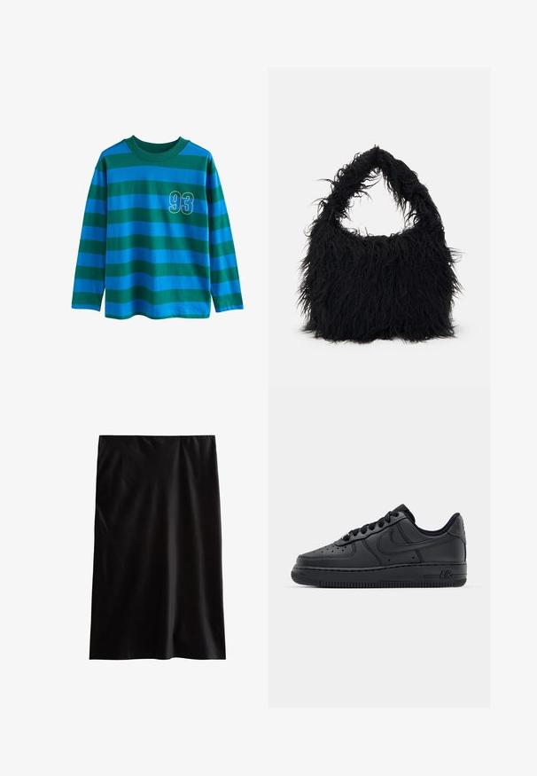 Langarmshirt mit blauen und grünen horizontalen Streifen, Rundhalsausschnitt und einer gelb umrandeten Zahl "93" auf der Brust.; Schwarzer Bleistiftrock aus glattem, leichtem Material. Hat einen geraden Schnitt und ein einfaches, schmuckloses Design ohne sichtbare Muster oder Beschläge.; Schwarze Ledersneaker mit durchlöchertem Zehenbereich, flachen Schnürsenkeln und Gummisohle. Verfügt über ein kleines Logo an der Seite und eine strukturierte Oberfläche.; Even&Odd Shopping Bag - black