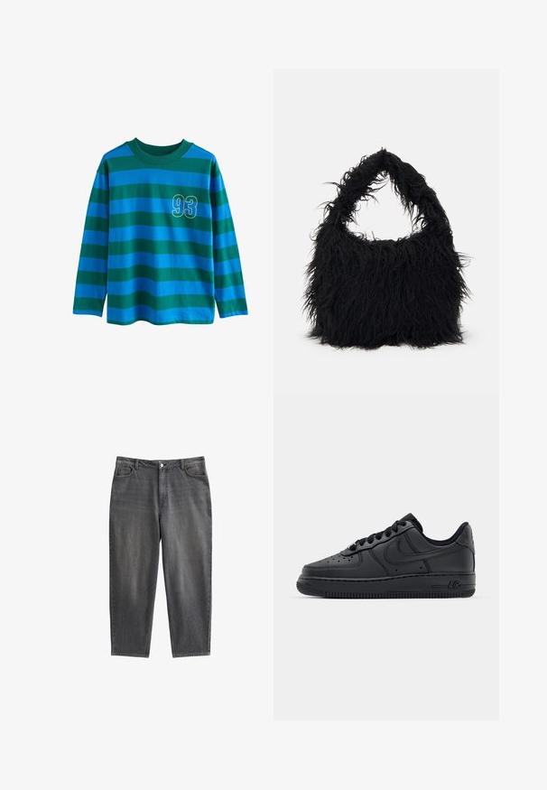 Koszula z długim rękawem w niebieskie i zielone poziome paski, z okrągłym dekoltem i żółto obramowanym numerem "93" na klatce piersiowej.; Ciemnoszare dżinsy o luźnym kroju, z klasycznym pięcio-kieszeniowym wzorem, z zamkiem błyskawicznym i subtelną teksturą.; Czarne skórzane sneakersy z perforowanym przodem, płaskimi sznurówkami i gumową podeszwą. Posiadają małe logo po boku oraz teksturowane detale.; Even&Odd - Torba na zakupy