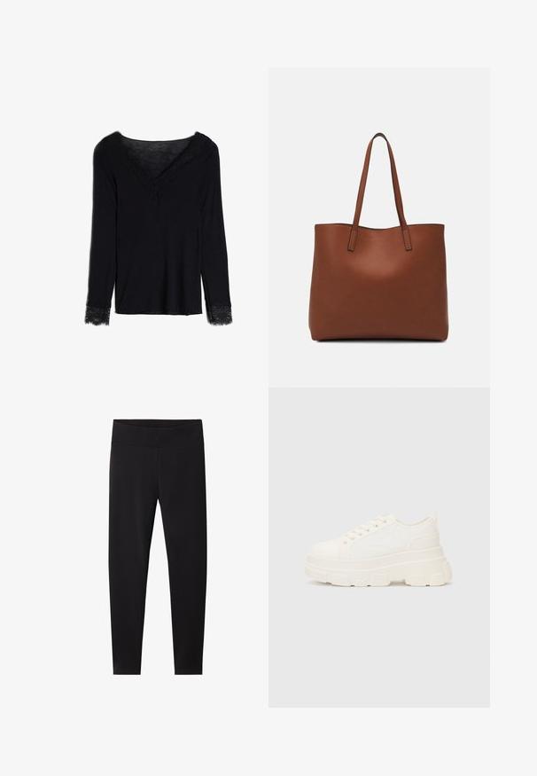 Svart långärmad topp med V-ringning som har spetsdetaljer längs halsringningen och ärmsluten. Tyget verkar mjukt med en slät textur.; Svarta leggings med ett tjockt, elastiskt midjeband. Tillverkade av ett glansigt, stretchigt material som är skräddarsytt för en figurnära siluett utan synliga mönster.; Vitcanvas sneakers med en chunky sula, rund tå och fem öglor för snören. Bakre tab för enkel påtagning. Slät yta, minimalistisk design.; Brun läder tote-väska med en slät textur, öppen toppdesign och två axelremmar. Har minimal söm och ingen synlig metalldetalj.