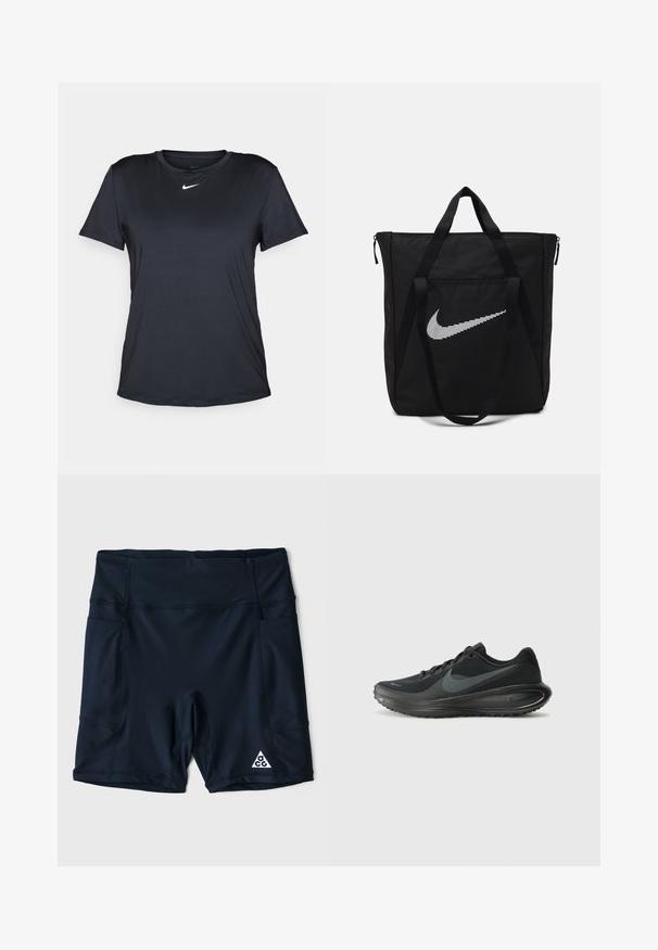Czarny T-shirt Nike z krótkimi rękawami, okrągłym dekoltem, wykonany z gładkiej tkaniny, z małym białym logo na piersi.; Granatowe spodenki sportowe wykonane z elastycznego materiału, z wysokim stanem, bocznymi kieszeniami oraz białym logo w prawym dolnym rogu.; Czarny but do biegania marki Nike z teksturowaną siateczkową cholewką, gładką gumową podeszwą oraz zaokrąglonym designem pięty. Posiada charakterystyczne logo swoosh.; Czarna nylonowa torba na ramię z dwoma solidnymi uchwytami i zamknięciem na zamek. Posiada wyraźne białe logo Nike w poziomym paskowanym wzorze.