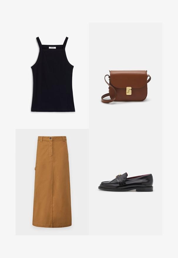 Schwarzes geripptes Tanktop mit schmalen Trägern, das einen Rundhalsausschnitt und einen geraden Saum aufweist. Das Etikett trägt die Aufschrift "IVY OAK."; Brauner Baumwoll-Midirock mit vorderem Knopfverschluss, Gürtelschlaufen und Taschen an den Seiten. Glatte Textur und gerader Schnitt.; Schwarze Lederloafers mit einem gestickten Muster, glatter Textur, goldenen Schnallendetails und einer runden Zehenform, auf einer niedrigen schwarzen Sohle.; Braune Ledertasche mit Klappenverschluss, Beschlägen in Goldfarbe, einem Schultergurt und einer glatten Oberfläche. Kompakte rechteckige Form.