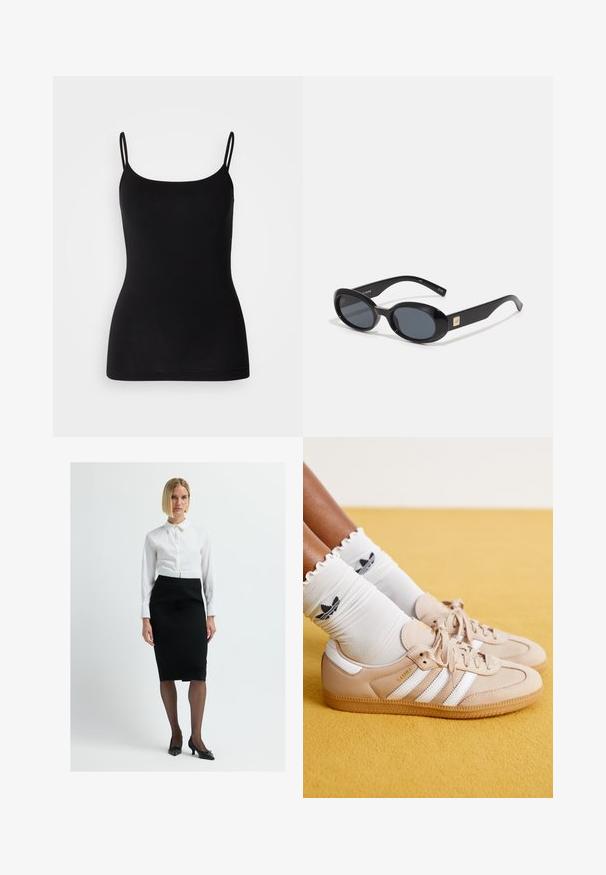 Mustat hihaton paita, jossa ohuet säädettävät olkaimet, sileä joustava kangas ja istuva siluetti. Ei kuvioita tai koristeita.; Valkoinen kauluspaita napittamalla, yhdistetty mustaan tiukkaan kynähameeseen, läpinäkyviin sukkahousuihin ja mustiin kärkitossuihin.; Beige nahkarenkaita, joissa on valkoiset raidat ja kultainen brändäys, yhdistetty valkoisten läppäripsien kanssa, joissa on musta logo. Teksturoidut kumipohjat.; Mustat ovaalit aurinkolasit tummilla linsseillä, kiiltävä muovikehys, leveät sivut ja pieni kultainen yksityiskohta toisella puolella.