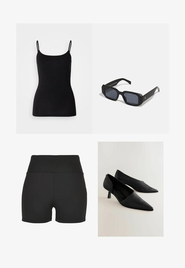 Top black din satin cu bretele subțiri ajustabile, dintr-un material elastic neted și cu o siluetă ajustată. Fără modele sau broderii.; Pantaloni scurți sport negri, cu talie înaltă, fabricați dintr-un material elastic și lucios. Prezintă cusături netede și un design ajustat, ideal pentru îmbrăcămintea activă.; Pantofi cu toc înalt din piele neagră, cu vârf ascuțit, având un design minimalistic și un toc scurt, pătrat. Textură netedă și siluetă elegantă.; Ochelari de soare rectangulari negri, cu un finisaj mat, având lentile întunecate și un cadru gros, unghiular. Design minimalist, fără logo-uri vizibile.