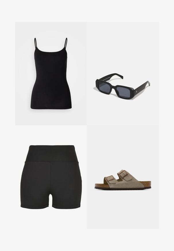 Crna majica bez rukava s tankim podesivim naramenicama, glatka rastezljiva tkanina i uski kroj. Bez uzoraka ili ukrasa.; Crne visoke atletske kratke hlače od glatkog, rastezljivog materijala. Imaju glatke šavove i uski kroj, idealne za aktivnu odjeću.; Suede klompe u svijetlosivoj boji s dvije podesive kopče, kork srednjim slojem i teksturiranim gumenenim potplatima.; Crne pravokutne sunčane naočale s mat završnom obradom, sa tamnim lećama i debelim, kutnim okvirom. Minimalistički dizajn bez vidljivih logotipa.