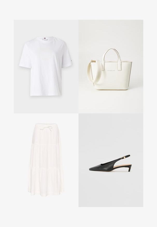 T-shirt bianco in cotone con scollo rotondo, maniche corte e un discreto logo giallo che recita "HILFIGER NEW YORK 1985." Vestibilità standard.; Gonna maxi bianca a strati realizzata in tessuto leggero. Presenta una vita elastica con cordoncino da annodare. Texture liscia, design semplice.; Sandal in pelle nera con tacco a punta, tacco basso e cinturino alla caviglia regolabile con fibbia in tono oro. Texture liscia.; Borsa in ecopelle bianca con manici corti, tracolla regolabile e dettagli in metallo dorato; presenta un logo discreto sul davanti.