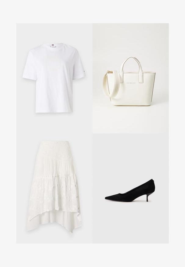 Valkoinen puuvillapaita, jossa on pyöreä kaula-aukko, lyhyet hihat ja huomaamaton keltainen logomuotoilu, jossa lukee "HILFIGER NEW YORK 1985." Normaali istuvuus.; Valkoinen, kerroksellinen hame, jossa on kukkakirjontaa. Hameessa on istuva vyötärö ja valuva, kerroksellinen kangas, joka luo epäsymmetrisen helman.; Musta mokkanahkainen korkokenkä, jossa on teräväkärkinen muotoilu ja ohut, matala korko. Pintakuvio on sileä ja yksinkertainen, eikä siinä ole näkyvää metalliosaa.; Valkoinen tekonahkainen käsilaukku, jossa on lyhyet kahvat, säädettävä olkahihna ja kultaiset yksityiskohdat; edessä on hillitty logo.