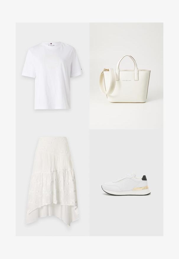 Valkoinen puuvillapaita, jossa on pyöreä kaula-aukko, lyhyet hihat ja huomaamaton keltainen logomuotoilu, jossa lukee "HILFIGER NEW YORK 1985." Normaali istuvuus.; Valkoinen, kerroksellinen hame, jossa on kukkakirjontaa. Hameessa on istuva vyötärö ja valuva, kerroksellinen kangas, joka luo epäsymmetrisen helman.; Valkoiset sneakerit, joissa on sileä pinta, musta kantapääkoriste ja kultainen metalliviimeistely keskikannan kohdalla. Nauhakiinnitys, kumipohja.; Valkoinen tekonahkainen käsilaukku, jossa on lyhyet kahvat, säädettävä olkahihna ja kultaiset yksityiskohdat; edessä on hillitty logo.