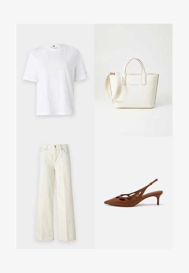 Bela bombažna majica s krojem, kratkimi rokavi in subtilnim rumenim logotipom z napisom "HILFIGER NEW YORK 1985." Standardna prileganje.; Široke bele kavbojke so narejene iz mešanice bombaža. Imajo zadrgo, pet žepov in šive vzdolž šivov.; Rjava usnjena sandala s peto, z ostrim nosom, izrezljanim dizajnom in šivanjem. Ima vitko peto in prilagodljiv trak.; Bela sintetična usnjena torbica z kratkimi ročaji, nastavljivim ramenskim trakom in zlatim kovinskim okovjem; na sprednji strani je subtilen logotip.