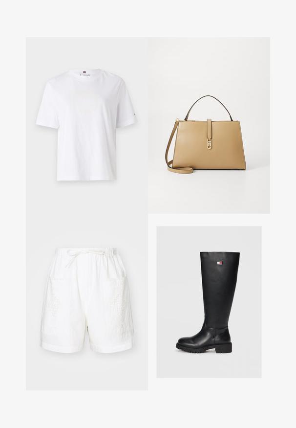 White cotton T-shirt with a crew neck, short sleeves, and subtle yellow logo design reading "HILFIGER NEW YORK 1985." Standard fit.; White cotton shorts with an elastic waistband, drawstring, and two front pockets featuring intricate embroidery designs.; Black knee-high boots made of smooth leather with a textured rubber sole, featuring a small logo patch in red, white, and blue.; Tommy Hilfiger LIBRE SATCHEL - Handbag - safari