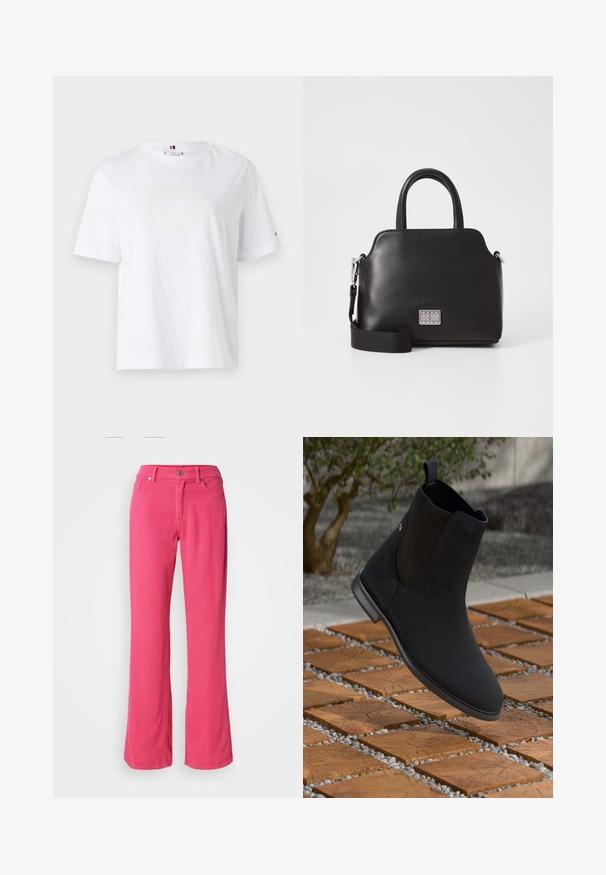 Balts kokvilnas T-krekls ar apaļu kaklu, īsām piedurknēm un smalku dzeltenu logo dizainu, kas lasa "HILFIGER NEW YORK 1985". Standarta izgriezums.; Rozā platā kāju bikses, izgatavotas no kokvilnas, ar priekšējo pogu, rāvējslēdzēju un klasisko piecu kabatu dizainu. Gluda tekstūra un ikdienas piegriezums.; Melni potītes zābaki ar elastīgu sānu paneļi, kas karājas virs koka kvadrātflīzēm ar oļiem ārējā vidē.; Melna sintētiska soma ar augšējiem rokturiem, noņemamu plecu siksniņu, apaļu formu, gludu tekstūru un sudraba logotipa akcentu priekšpusē.