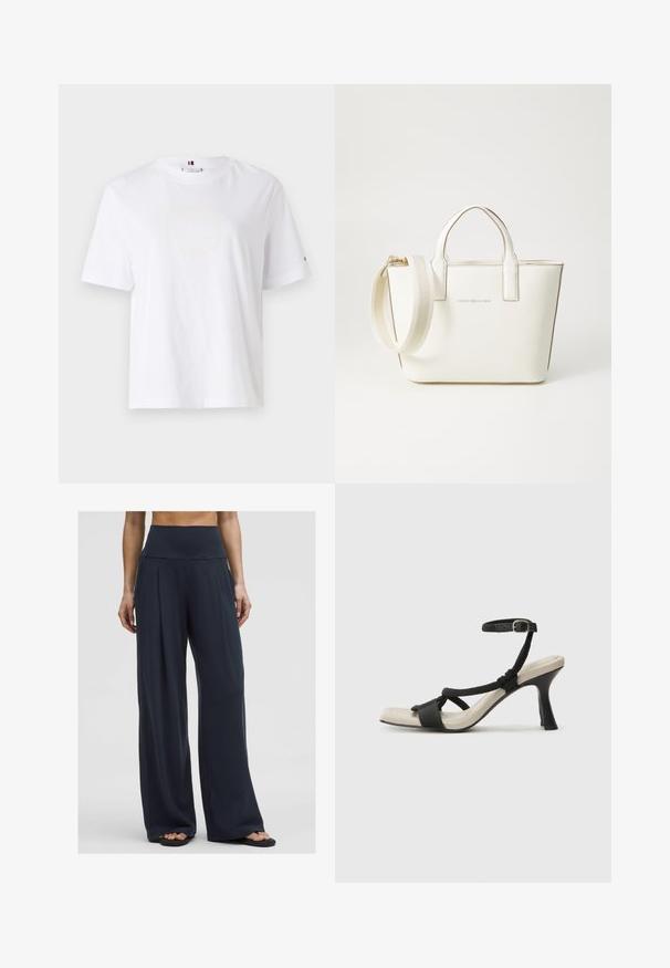 Bílý bavlněný tričko s kulatým výstřihem, krátkými rukávy a decentním žlutým logem s nápisem "HILFIGER NEW YORK 1985." Standardní střih.; Žena stojí v kalhotách s vysokým pasem a širokými nohavicemi tmavé barvy doplněných sandály, což ukazuje na pohodlný a ležérní styl.; Černé sandály na podpatku s pleteným designem pásku, čtveratou špičkou a nastavitelným páskem kolem kotníku. Světle béžová stélka s lesklým černým podpatkem.; Bílá kabelka z umělé kůže s krátkými uchy, nastavitelným ramenním popruhem a zlatými kovovými detaily; má jemné logo na přední straně.