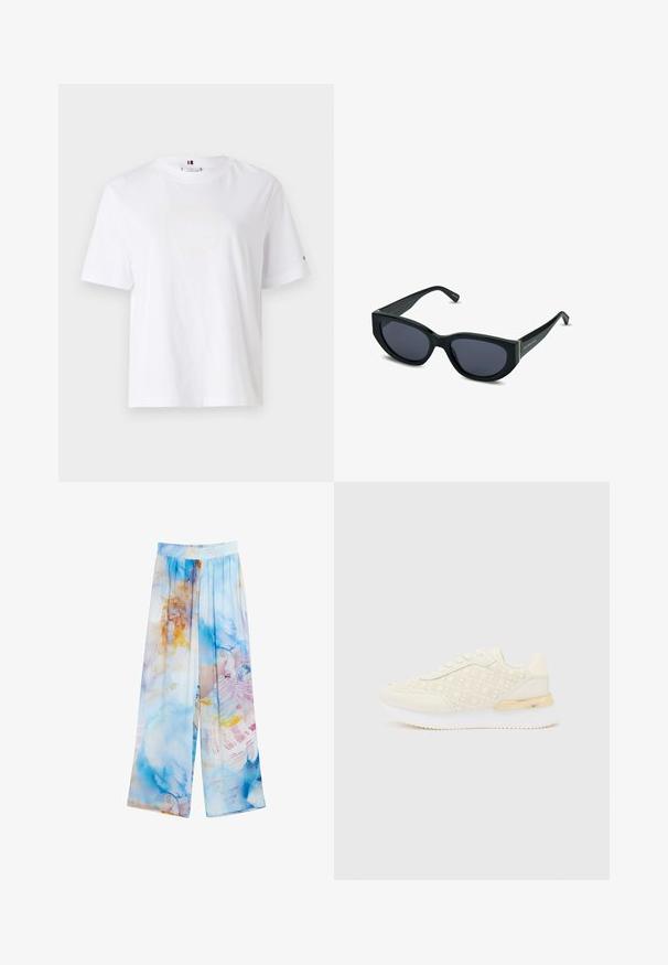 Bílý bavlněný tričko s kulatým výstřihem, krátkými rukávy a decentním žlutým logem s nápisem "HILFIGER NEW YORK 1985." Standardní střih.; Lehké kalhoty širokého střihu s modro-oranžovým akvarelovým vzorem. Elastický pas, jemná textura látky a volná silueta.; Tommy Hilfiger CHIC - Tenisky - ivory; Černé sluneční brýle s ostrým designem ve stylu kočičích očí, tmavě tónovanými skly, lesklými plastovými rámy a jemným zlatým akcentem na stranách.; Bílá kožená kabelka s křivkovým tvarem, na přední straně s vyraženým logem "CK" a jediným ramenním popruhem. Zipový uzávěr na vrchu.