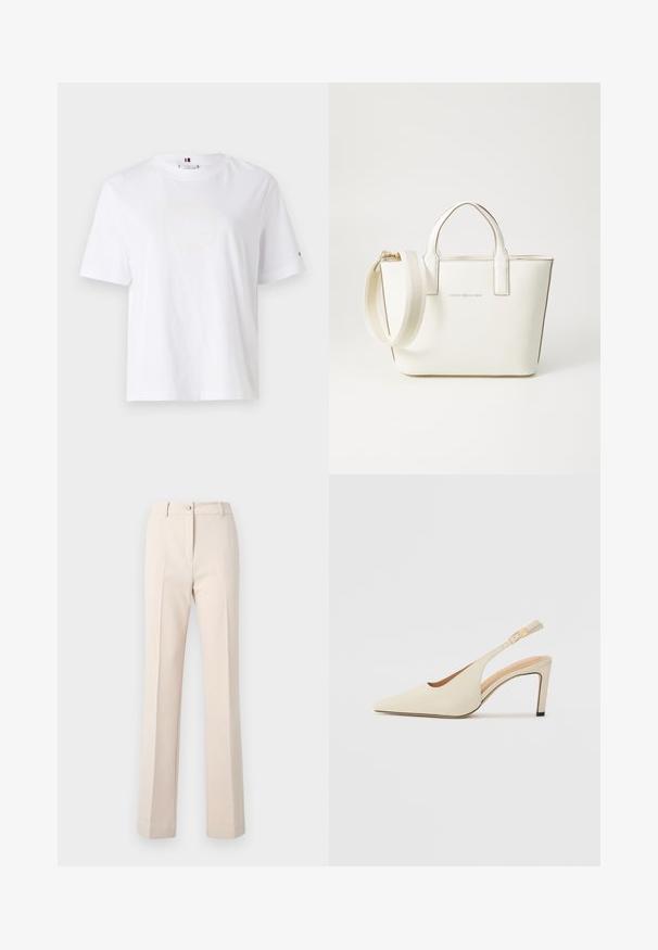 T-shirt en coton blanc avec un col rond, des manches courtes et un design de logo jaune subtil indiquant "HILFIGER NEW YORK 1985". Coupe standard.; Pantalons beige ajustés avec une jambe droite, dotés d'une fermeture à bouton, de plis à l'avant et d'une texture lisse.; Talons compensés en cuir beige avec un bout pointu, un design ouvert sur le côté et un talon haut fin. Comprend un accent doré sur la sangle.; Sac à main en simili cuir blanc avec de courtes poignées, une bandoulière réglable et des garnitures en ton or ; arbore un logo subtil à l'avant.