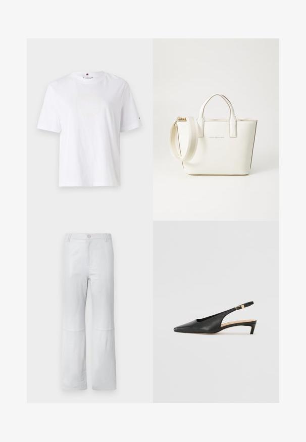 Biała bawełniana koszulka z okrągłym dekoltem, krótkimi rękawami i subtelnym żółtym logo z napisem "HILFIGER NEW YORK 1985". Standardowy krój.; Białe, zwężane spodnie wykonane z gładkiego materiału; posiadają przednią kieszeń, szyte szwy oraz zapięcie na guzik. Bez wzorów ani ozdób.; Czarne skórzane buty na obcasie typu slingback z ostrym noskiem, niskim obcasem i regulowanym paskiem na kostkę z złotym zapięciem. Gładka faktura.; Biała torebka z faux skóry z krótkimi uchwytami, regulowanym paskiem na ramię i złotymi akcentami; na przodzie znajduje się subtelne logo.