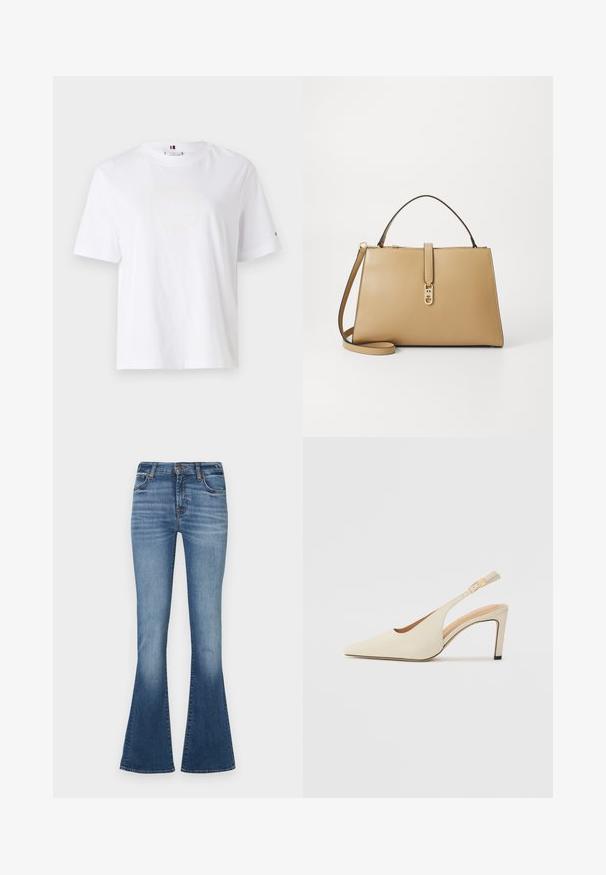 Valge puuvillane T-särk ümarate kaelaaukude, lühikeste varrukate ja peene kollase logoga, millel on tekst "HILFIGER NEW YORK 1985". Tavaline lõige.; Sinine denim flared teksad, millel on keskmise kõrgusega talje, kergem pleekimine reidel ja klassikaline viie tasku disain.; Bež nahkased kõrged kontsad, millel on terav varvas, avatud külje disain ja peen kõrge konts. Omab kuldset aktsenti rihmal.; Tommy Hilfiger LIBRE SATCHEL - Käekott - safari