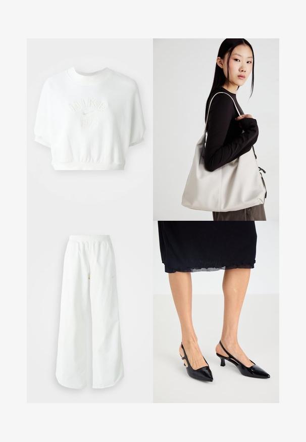 Sweatshirt blanc crop en matériau doux. Doté d'un col côtelé, d'un ourlet élastiqué et d'un logo en relief "Nike 1972" au centre.; Pantalons de sport larges blancs avec une taille côtelée et un discret logo. Tissu lisse avec une coupe décontractée et un bas effilé.; Escarpins slingback en cuir verni noir avec un bout pointu, un talon kitten et des découpes sur les côtés. Texture lisse avec une finition brillante.; Sac à main beige en matériau souple, avec un design décontracté, des détails cousus et deux poignées. Idéal pour un usage quotidien.