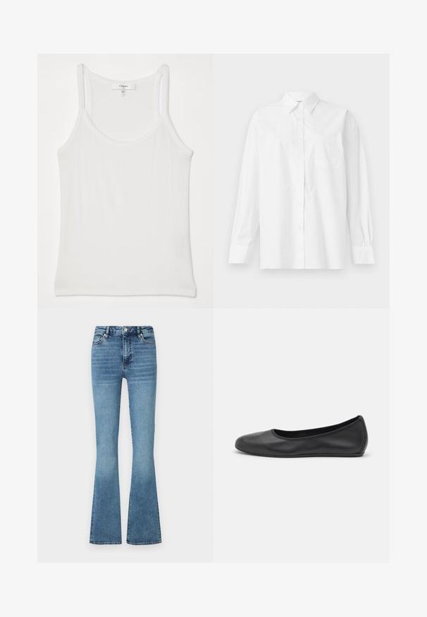 Fehér ujjatlan topp, puha, bordázott szövetből; vékony pántokkal és kerek nyakkivágással rendelkezik, a címke szerint "FRAME."; Fehér, hosszú ujjú pamut ing klasszikus gallérral, gombos záródással és egyetlen zsebbel a bal oldalon.; Világoskék mosású, bő csípőjű farmernadrág; magas derék, varrott varratok és enyhe elhalványulás a lábszár alján.; Fekete bőr balettcipő lekerekített orral, sima tekstúrával, minimális varrással és rugalmas talp kialakítással.