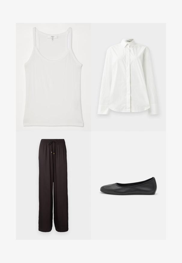 Fehér ujjatlan topp, puha, bordázott szövetből; vékony pántokkal és kerek nyakkivágással rendelkezik, a címke szerint "FRAME."; Fehér pamut hosszú ujjú ing, hegyes gallérral, gombos elülső záródással és lekerekített szegéllyel. Sima textúra, normál szabás és minták nélkül.; Laza szabású fekete nadrág elasztikus derékrésszel és zsinórral, aranyszínű végződésekkel, teljes hosszúságú és egyenes szabású lábakkal.; Fekete bőr balettcipő lekerekített orral, sima tekstúrával, minimális varrással és rugalmas talp kialakítással.