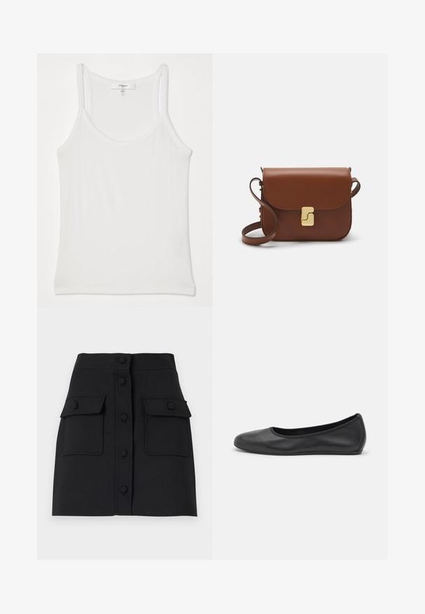 Valge õlavarteta topp, mis on valmistatud pehmest soonilisest kangast; omadused on õhukesed rihmad ja ümar kaelus, silt ütleb "FRAME."; Musthave mustrihmust, millel on tekstureeritud kangas, ees nööpidega sulgemine, kaks klapiga taskut ja keha moodustav siluett.; Musthave mustika tantsutossud mustast nahast, ümmarguse varbaga, siledast tekstuurist, minimaalse õmblusdetailiga ja paindliku tallakujundusega.; Pruunist nahast käekott, millel on klapiga sulgur, kuldne riistvara, õlarihm ja sile tekstuur. Kompaktne ristkülikukujuline vorm.