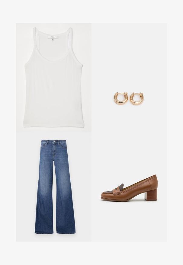 Valge õlavarteta topp, mis on valmistatud pehmest soonilisest kangast; omadused on õhukesed rihmad ja ümar kaelus, silt ütleb "FRAME."; Laiad denim teksad keskmise sinise pesuga, millel on viis taskut, vööloopid ja nööpkinnitus. Sile tekstuur kerge kulumisega.; MICHAEL Michael Kors FRANCES - Klassikalised kontsakingad - luggage; Kullatud rõngaste kõrvarõngad, millel on poleeritud viimistlus, pakuvad paksu ringikujulist disaini ja kindlat sulgemismehhanismi. Sile tekstuur ja läikiv välimus.