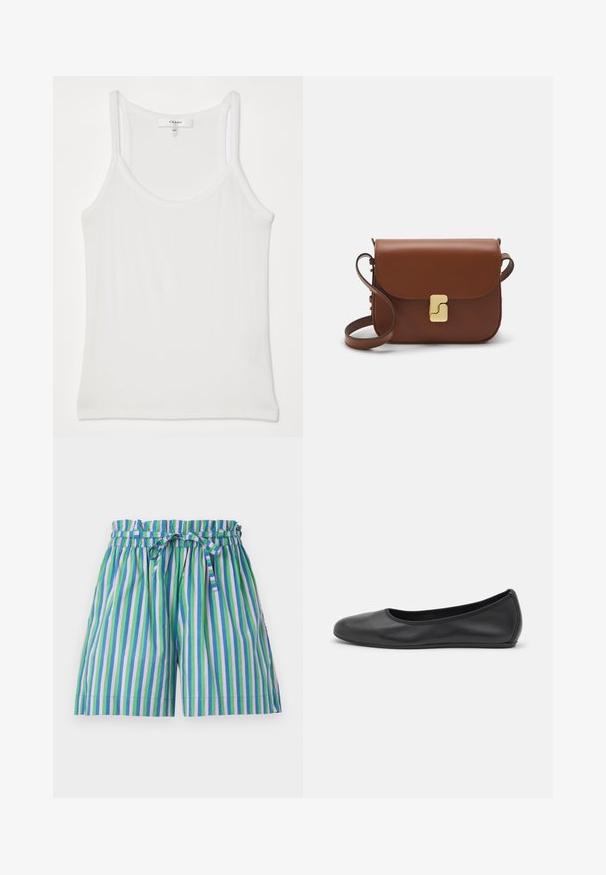 Valkoinen ilman hihoja oleva toppi, joka on valmistettu pehmeästä, urituksesta; siinä on ohuet olkaimet ja pyöreä kaula-aukko, jossa on ; MILLE CARY - Shortsit - multicoloured; Musta nahkainen ballerina, jossa on pyöristetty kärki, sileä pinta, minimaalinen ommelkoristelu ja joustava pohjamuotoilu.; Ruskea nahkainen käsilaukku, jossa on läppäkiinnitys, kultasävyiset yksityiskohdat, olkahihna ja sileä pinta. Kompaktin suorakaiteen muotoinen.