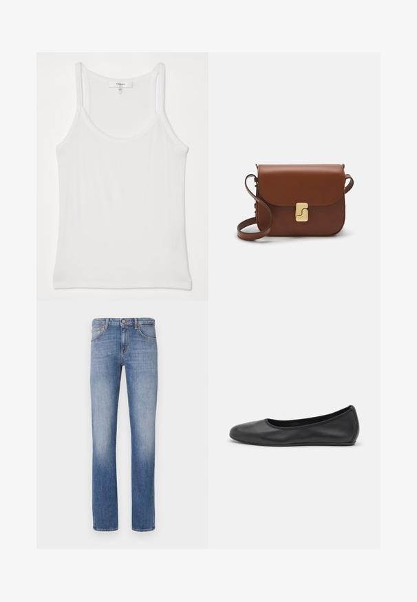 Hvid ærmeløs top lavet af blødt, ribbet stof; har tynde stropper og en rund halsudskæring, mærket læser "FRAME."; Lyseblå denim jeans med lige snit, klassisk femlomme-design, subtile falmende detaljer og orange syninger.; Sort læderballetsko med rund tå, glat tekstur, minimal syning og et fleksibelt såldesign.; Brun læder håndtaske med flaplukning, hardware i gyldent tone, en skulderrem og en glat overflade. Kompakt rektangulær form.