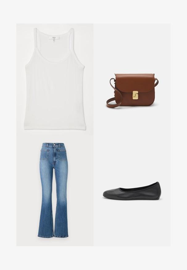 Biała bezrękawnikowa bluzka wykonana z miękkiego, żebrowanego materiału; posiada cienkie ramiączka oraz okrągły dekolt, metka głosi "FRAME".; Dzwony z niebieskiego denimu z wysokim stanem, z dwoma tylnymi kieszeniami i wyblakłym wykończeniem. Doły spodni są obszyte subtelnym wzorem.; Czarne skórzane baletki z zaokrąglonym noskiem, gładką fakturą, minimalnymi przeszyciami i elastycznym designem podeszwy.; Brązowa skórzana torebka na ramię z klapką, złotymi detalami, paskiem na ramię i gładką teksturą. Kompaktowy prostokątny kształt.