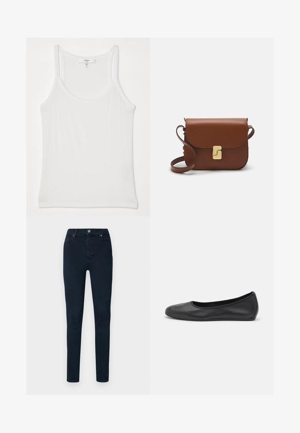 Top alb fără mâneci, fabricat dintr-un material moale, cu textură ribbed; are bretele subțiri și un decolteu rotund, eticheta spune "FRAME."; Jeans de denim slim-fit, de culoare albastră închisă, cu un design clasic cu cinci buzunare, închidere cu buton metalic și o textură netedă.; Balerini din piele neagră, cu vârf rotund, textură netedă, detalii de cusătură minimale și un design al tălpii flexibil.; Geantă de piele maro cu închidere tip capac, accesorii de culoare aurie, curea de umăr și o textură netedă. Formă compactă și rectangulară.